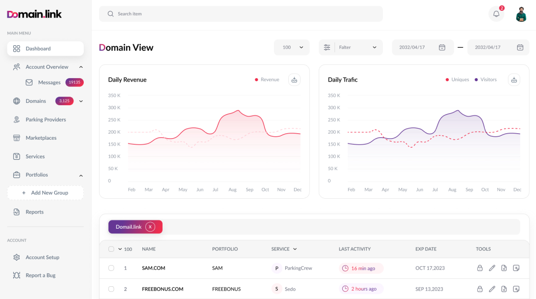 The domain view in the Domain.link app